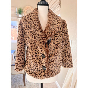 Forever 21 XXI Brown Black Leopard Faux Fur Rockabilly Betty Coat S 2-4 💸BOGO🎉